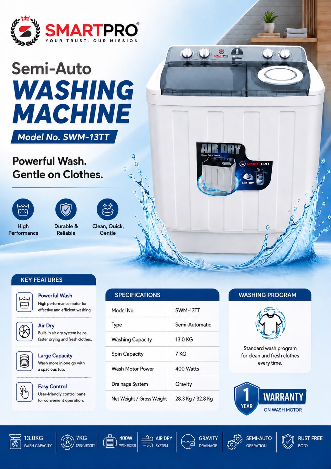 SmartPro 13.0 KG Semi-Automatic Washing Machine (SWM-13TT)