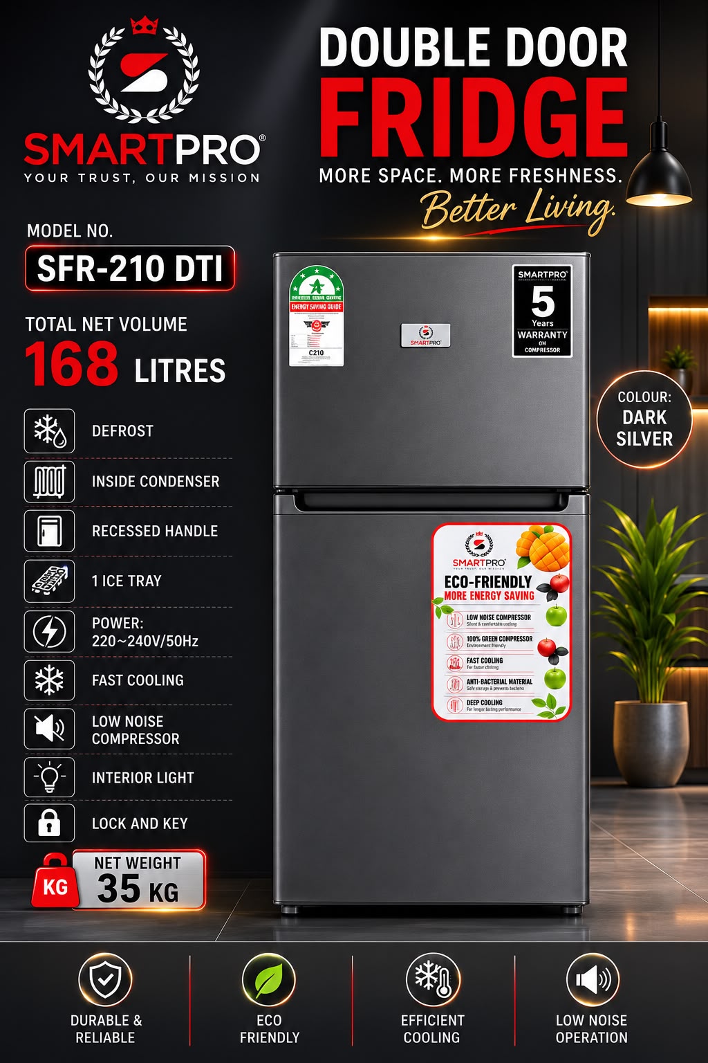 SmartPro 168 Litres Double Door Fridge (SFR-210 DTI)