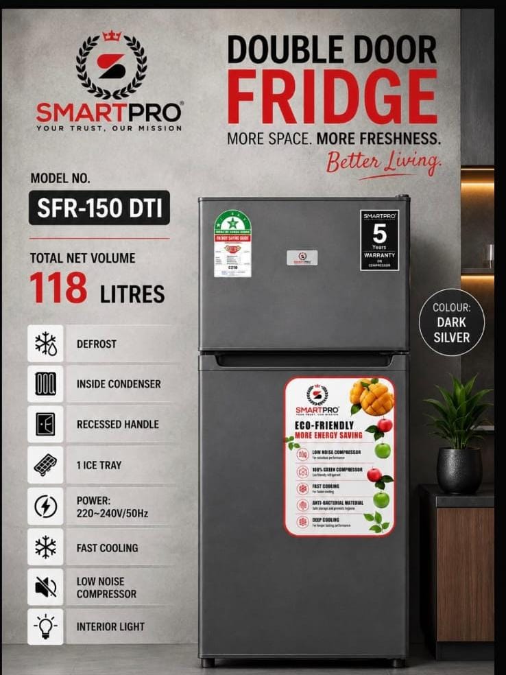 Smart Pro 118L Double Door Fridge (Model: SFR-150 DTI)